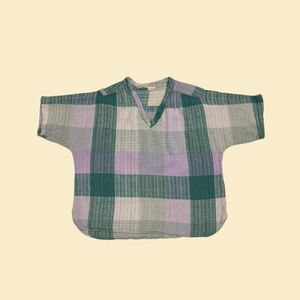 Vintage 70s cotton blouse, JP size 21 Indian Cotton plaid purple/teal v-neck top